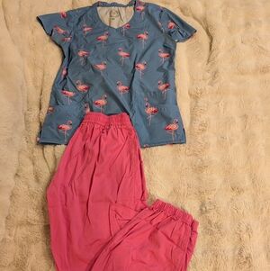 Flamingo Print Womans Scrub Set - Blue and Pink